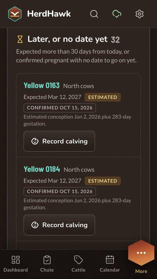The calving view: confirmed-pregnant cows with estimated calving dates and a Record calving button.
