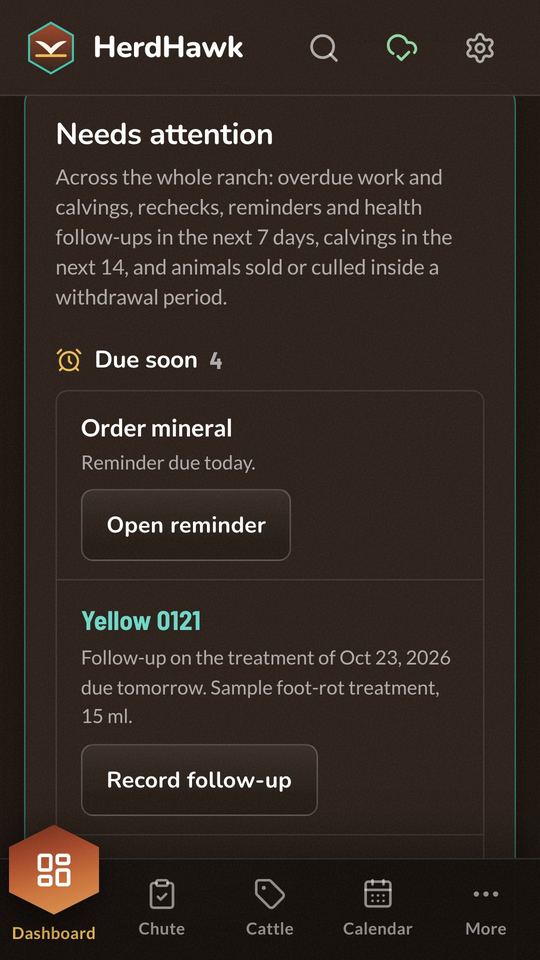 The dashboard's Needs attention list: a reminder due today and a treatment follow-up due tomorrow.