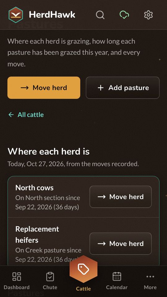 Pastures: where each herd is grazing and since when, with Move herd buttons.